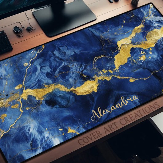 青と金ゴールドの大理石テクスチャワークスペーパーソナライズされたス デスクマット