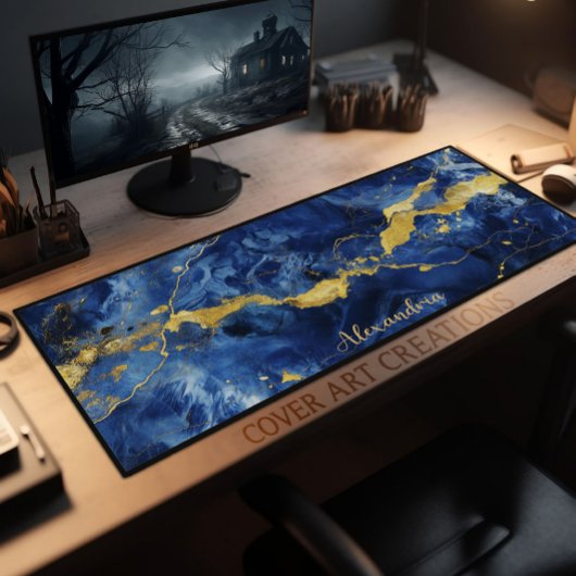 青と金ゴールドの大理石テクスチャワークスペーパーソナライズされたス デスクマット