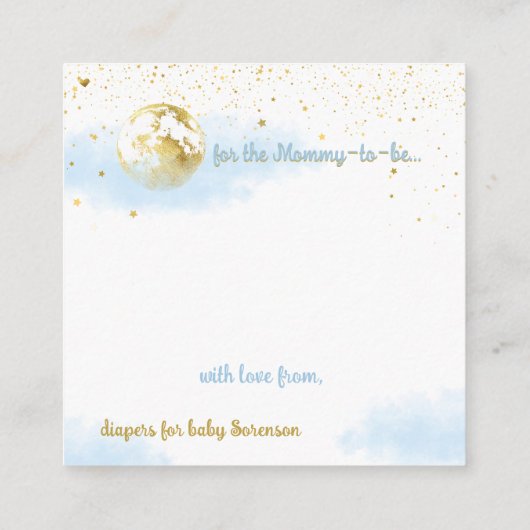 青と金ゴールドの天の赤ちゃんシャワーおむつラッフル エンクロージャーカード (裏面)