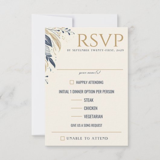 青と金ゴールドの天の食の選択肢 出欠カード (正面)