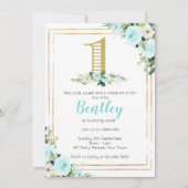 青と金ゴールドの少年1歳の誕生日 招待状 (正面)