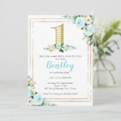 青と金ゴールドの少年1歳の誕生日 招待状 (スタンド正面)