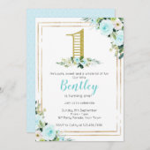 青と金ゴールドの少年1歳の誕生日 招待状 (正面/裏面)