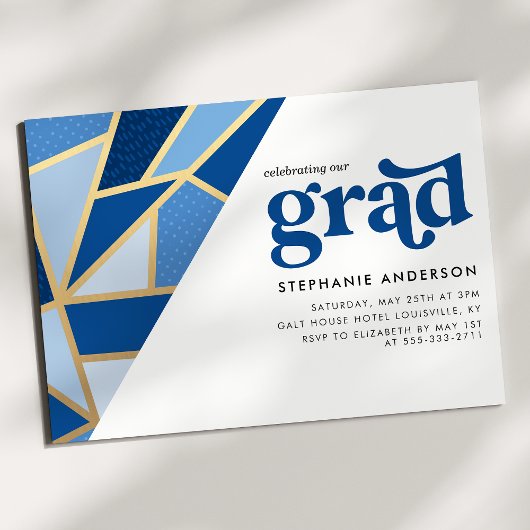 青と金ゴールドの幾何学的な卒業パーティー 招待状