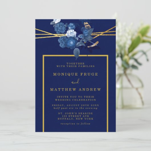 青と金ゴールドの幾何学的フローラ結婚 招待状 (スタンド正面)