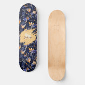青と金ゴールドの抽象芸術の離れペイズリー スケートボード (正面)