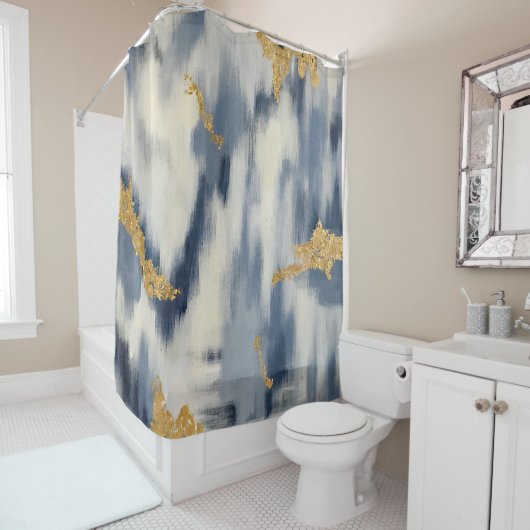 青と金ゴールドの抽象芸術イカットパターン シャワーカーテン (インサイチュ)