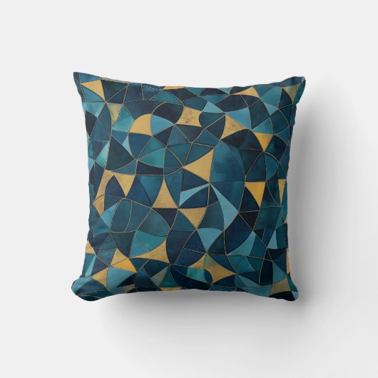 青と金ゴールドの抽象芸術モザイク クッション (正面)