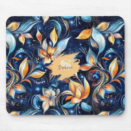 青と金ゴールドの抽象芸術離れペイズリー(2) マウスパッド (正面)