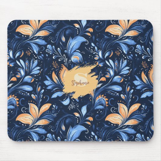 青と金ゴールドの抽象芸術離れペイズリー(3) マウスパッド (正面)
