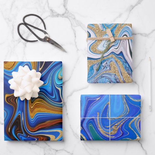 青と金ゴールドの抽象芸術 ラッピングペーパーシート (正面)