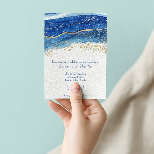青と金ゴールドの水の結婚色 招待状