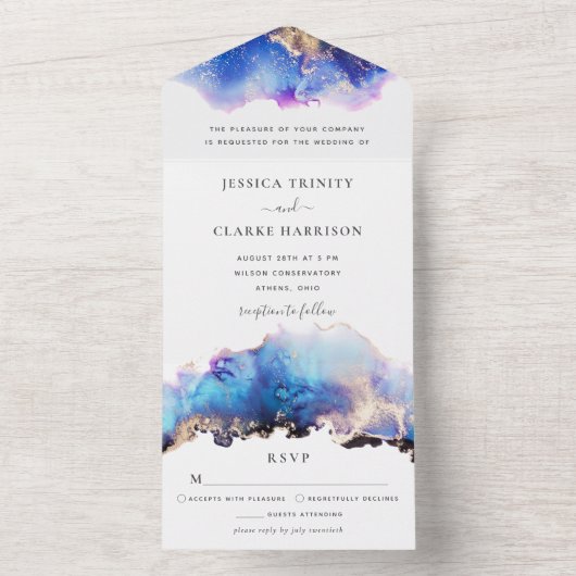 青と金ゴールドの水の色すべて1つの結婚式の招待 オールインワン招待状 (内側)