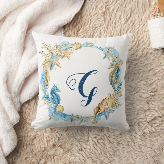 青と金ゴールドの水の色ザシーモノグラム クッション (ブランケット)