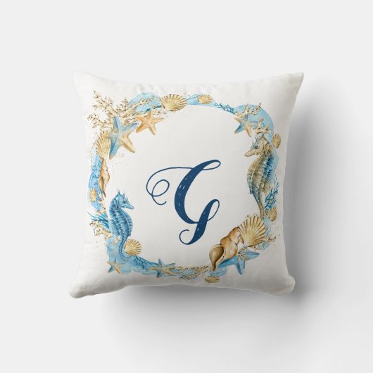 青と金ゴールドの水の色ザシーモノグラム クッション (裏面)