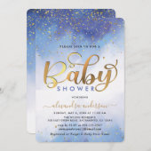 青と金ゴールドの水彩の男の子のベビーシャワー 招待状 (正面/裏面)