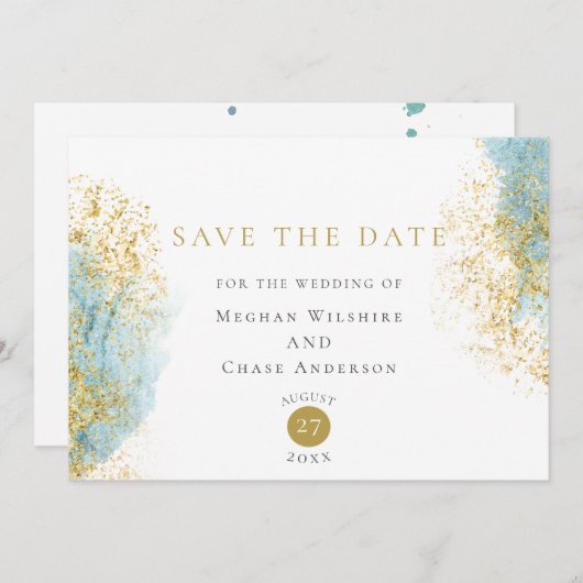 青と金ゴールドの水彩洗濯日を保存 セーブザデート (正面/裏面)