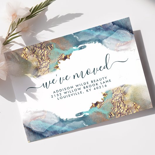 青と金ゴールドの水色のインクの移動発表 案内ポストカード