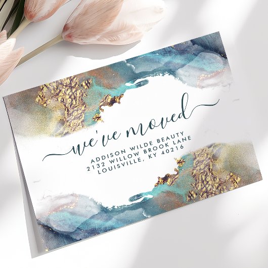 青と金ゴールドの水色のインクの移動発表 案内ポストカード