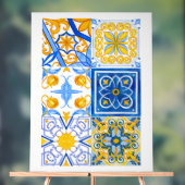 青と金ゴールドの水色タイルのパターン – Mediterra アクリルサイン (ニュートラル)