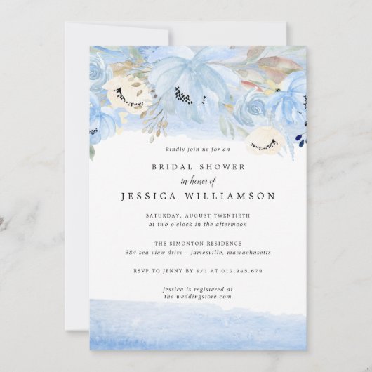 青と金ゴールドの水色フローラ婚約パーティ 招待状 (正面)