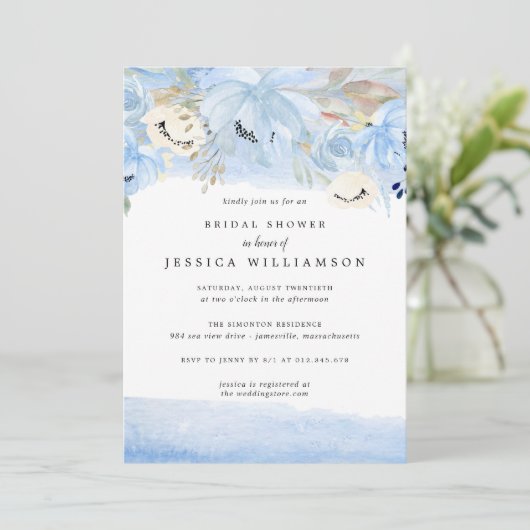 青と金ゴールドの水色フローラ婚約パーティ 招待状 (スタンド正面)