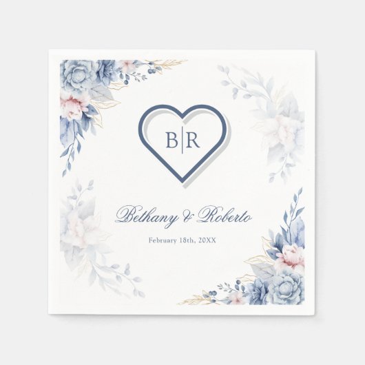 青と金ゴールドの水色フローラ結婚のナプキン スタンダードカクテルナプキン (正面)