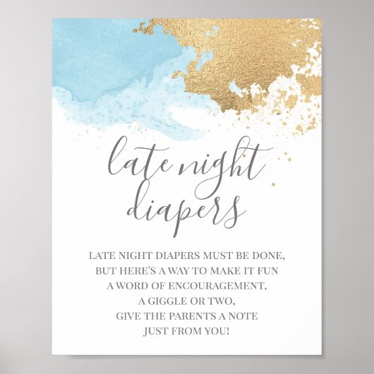 青と金ゴールドの水色ベビーシャワーのサイン ポスター (正面)