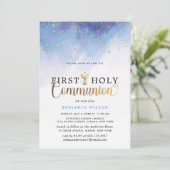 青と金ゴールドの水色男の子最初の聖餐式 招待状 (スタンド正面)