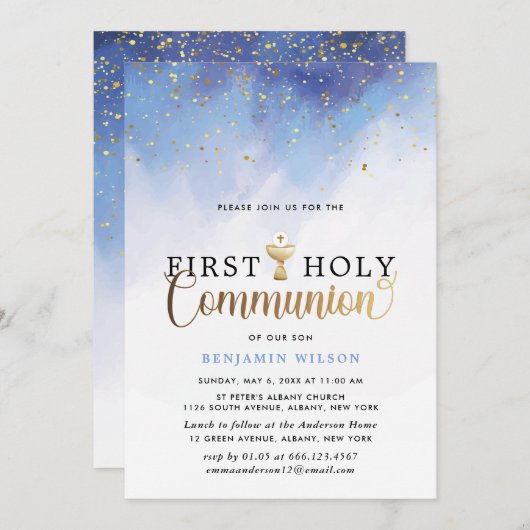青と金ゴールドの水色男の子最初の聖餐式 招待状 (正面/裏面)