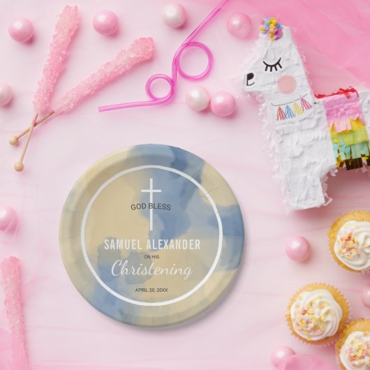青と金ゴールドの水色男の赤ちゃん《キリスト教》洗礼式や命名式 ペーパープレート (パーティー)