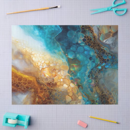 青と金ゴールドの流体アート抽象芸術の分離 薄葉紙 (クラフト)