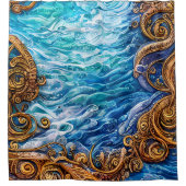 青と金ゴールドの海リップル波抽象芸術 シャワーカーテン (正面)