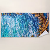 青と金ゴールドの海リップル波抽象芸術 ビーチタオル (正面)