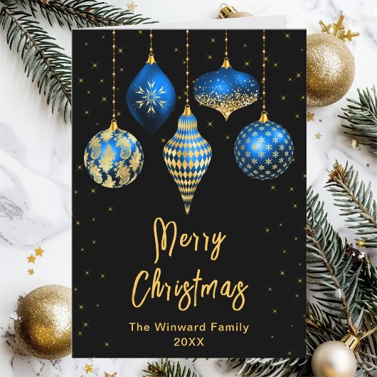 青と金ゴールドの王室のオーナメントメリークリスマス シーズンカード