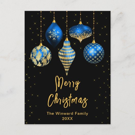 青と金ゴールドの王室のオーナメントメリークリスマス シーズンポストカード (正面)