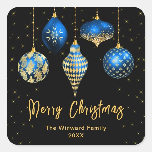 青と金ゴールドの王室のオーナメントメリークリスマス スクエアシール (正面)