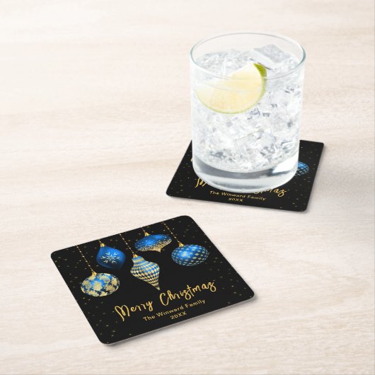 青と金ゴールドの王室のオーナメントメリークリスマス スクエアペーパーコースター (インサイチュ)
