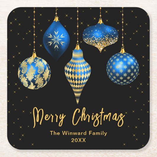 青と金ゴールドの王室のオーナメントメリークリスマス スクエアペーパーコースター (正面)