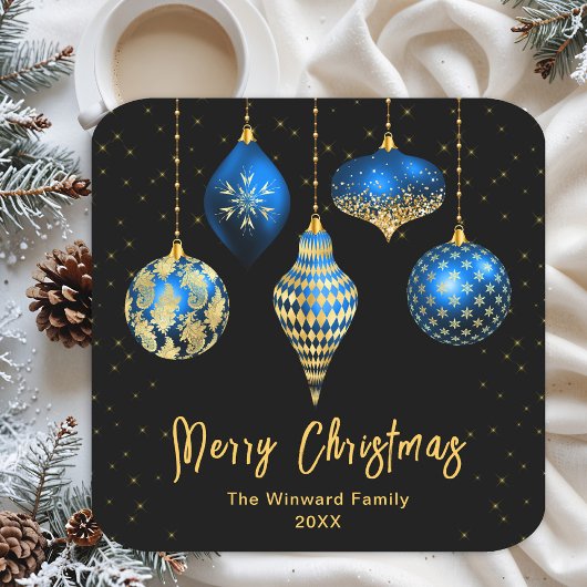 青と金ゴールドの王室のオーナメントメリークリスマス スクエアペーパーコースター