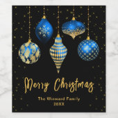 青と金ゴールドの王室のオーナメントメリークリスマス ワインラベル (シングルラベル)