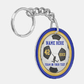 青と金ゴールドの男のパーソナライズされた子サッカーの贈り物 キーホルダー (正面左)