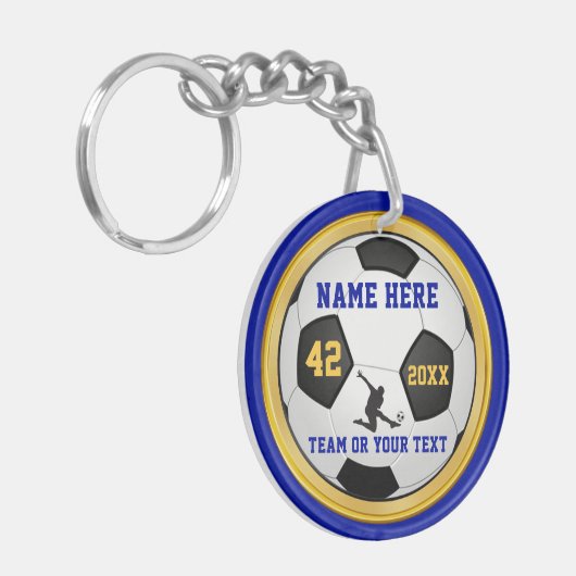 青と金ゴールドの男のパーソナライズされた子サッカーの贈り物 キーホルダー (正面左)