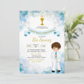 青と金ゴールドの男の子第1の聖体拝領招待状 招待状 (スタンド正面)