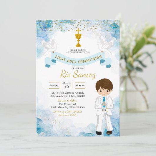 青と金ゴールドの男の子第1の聖体拝領招待状 招待状 (スタンド正面)