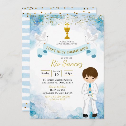 青と金ゴールドの男の子第1の聖体拝領招待状 招待状 (正面/裏面)