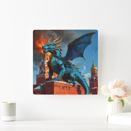 青と金ゴールドの竜がモスクワを訪問 スクエア壁時計 (ホーム)