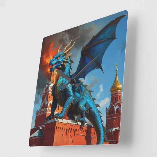 青と金ゴールドの竜がモスクワを訪問 スクエア壁時計 (傾斜)