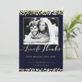 青と金ゴールドの紙吹雪写真結婚の感謝 サンキューカード (スタンド正面)