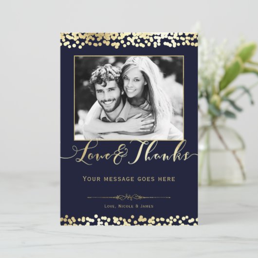 青と金ゴールドの紙吹雪写真結婚の感謝 サンキューカード (スタンド正面)